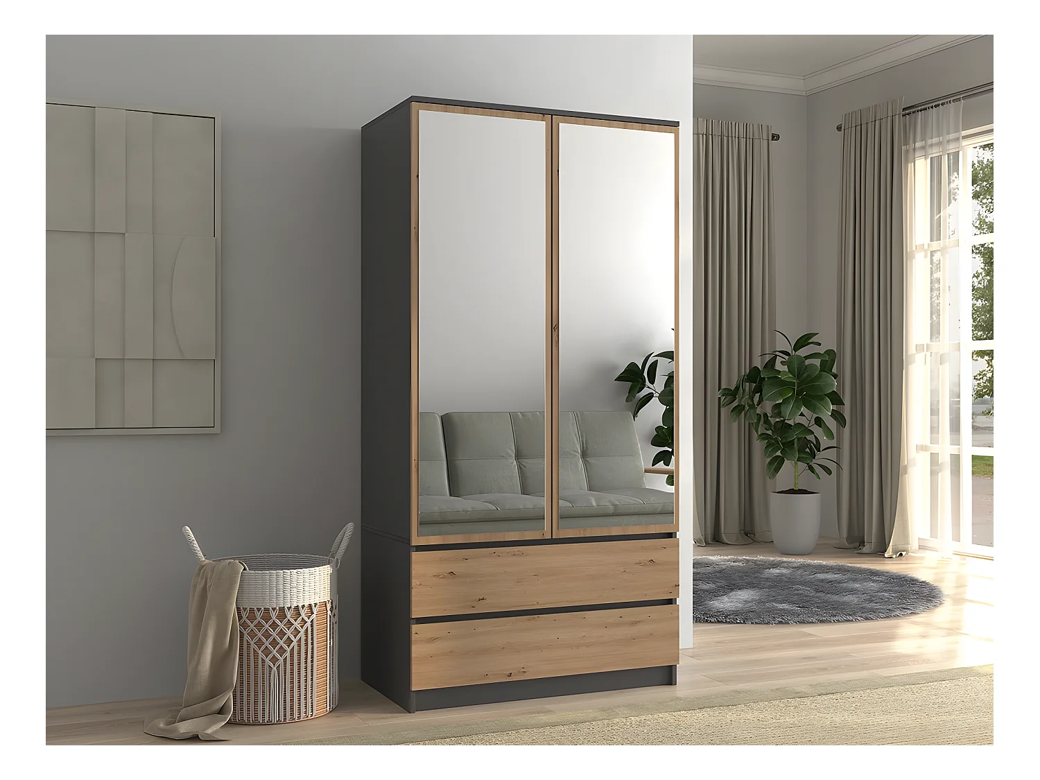 TURIN - Armoire 2 portes avec miroir style moderne chambre à coucher - 90x50x180 - 2 tiroirs