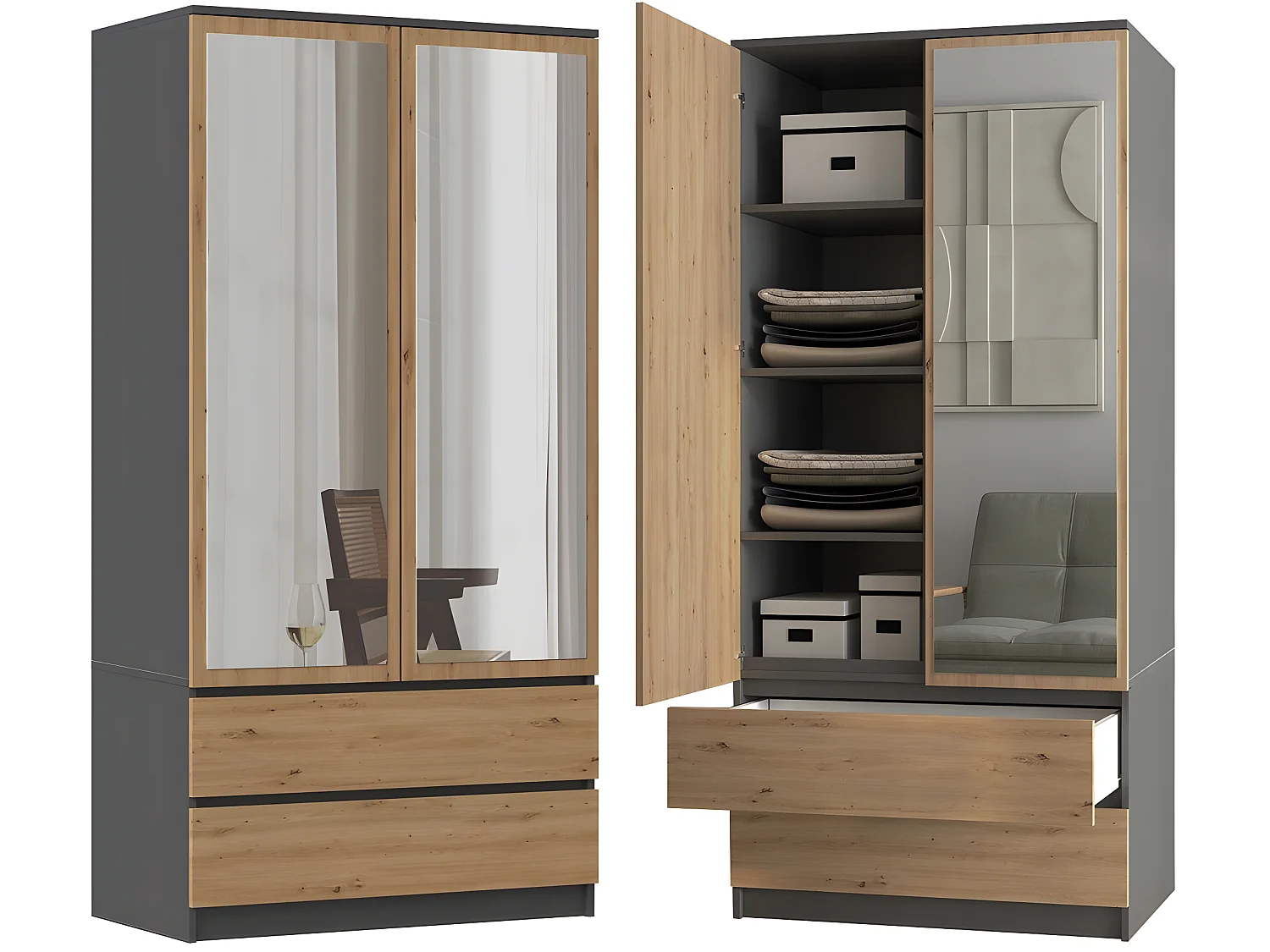 TURIN - Schrank 2 Türen mit Spiegel modernen Stil Schlafzimmer - 90x50x180 - 2 Schubladen