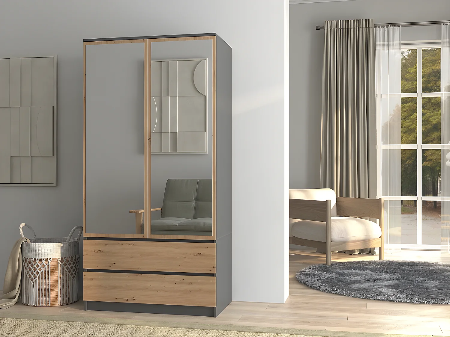 TURIN - Schrank 2 Türen mit Spiegel modernen Stil Schlafzimmer - 90x50x180 - 2 Schubladen