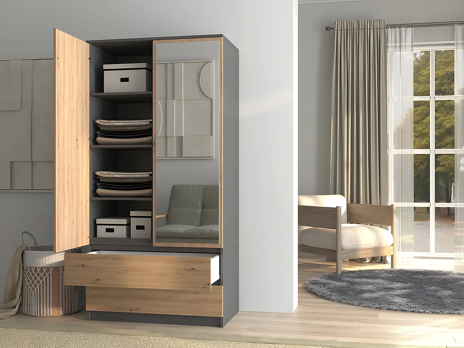 TURIN - Schrank 2 Türen mit Spiegel modernen Stil Schlafzimmer - 90x50x180 - 2 Schubladen