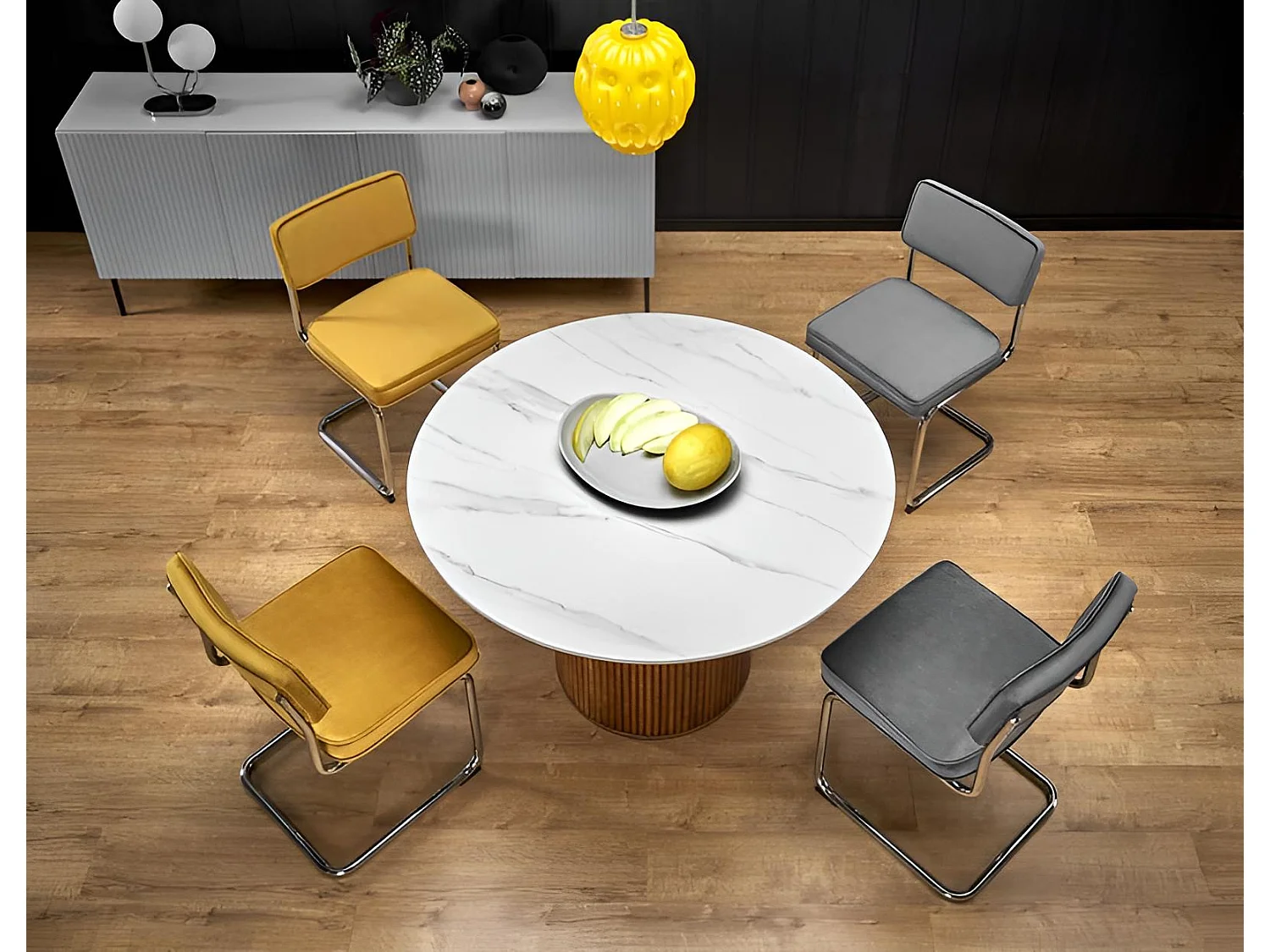 Tavolo da pranzo Bruno (o120)/Ceramica/Legno massello/Design in marmo/Bianco e marrone