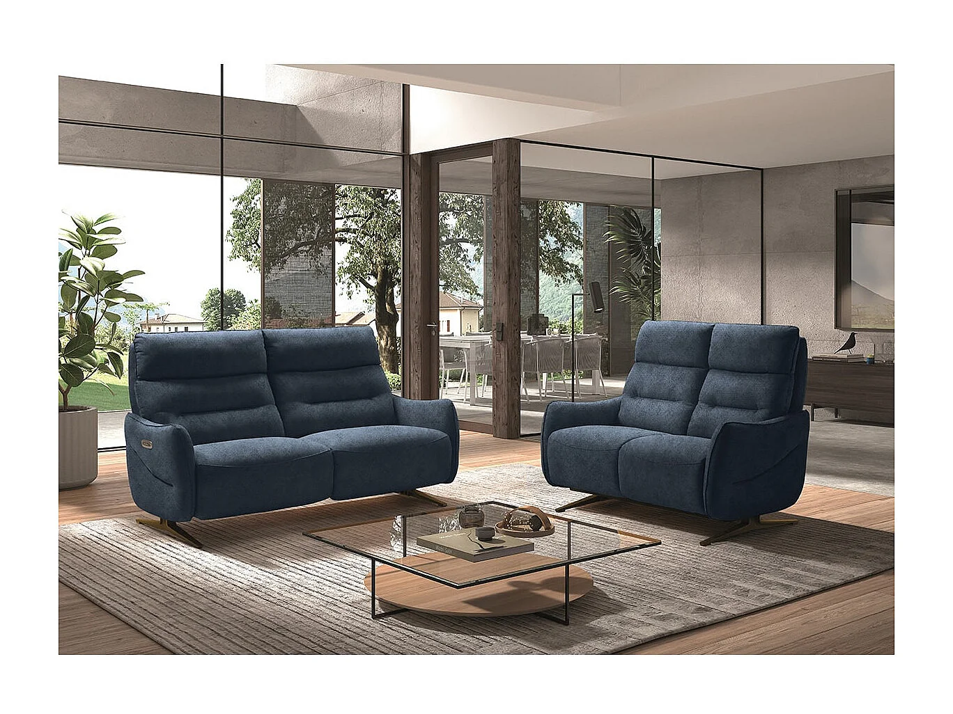 LISBOA - Canapé Fixe 2 Places Tissu Bleu Pieds Métal