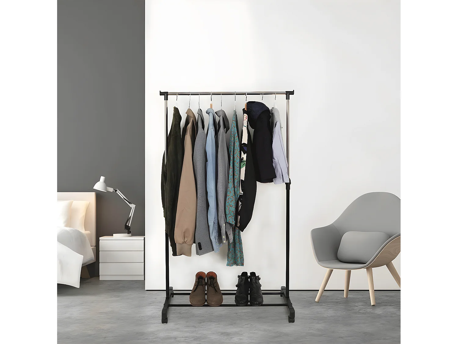 VICKY - Portant Simple Réglable à Roulettes Noir et Chrome