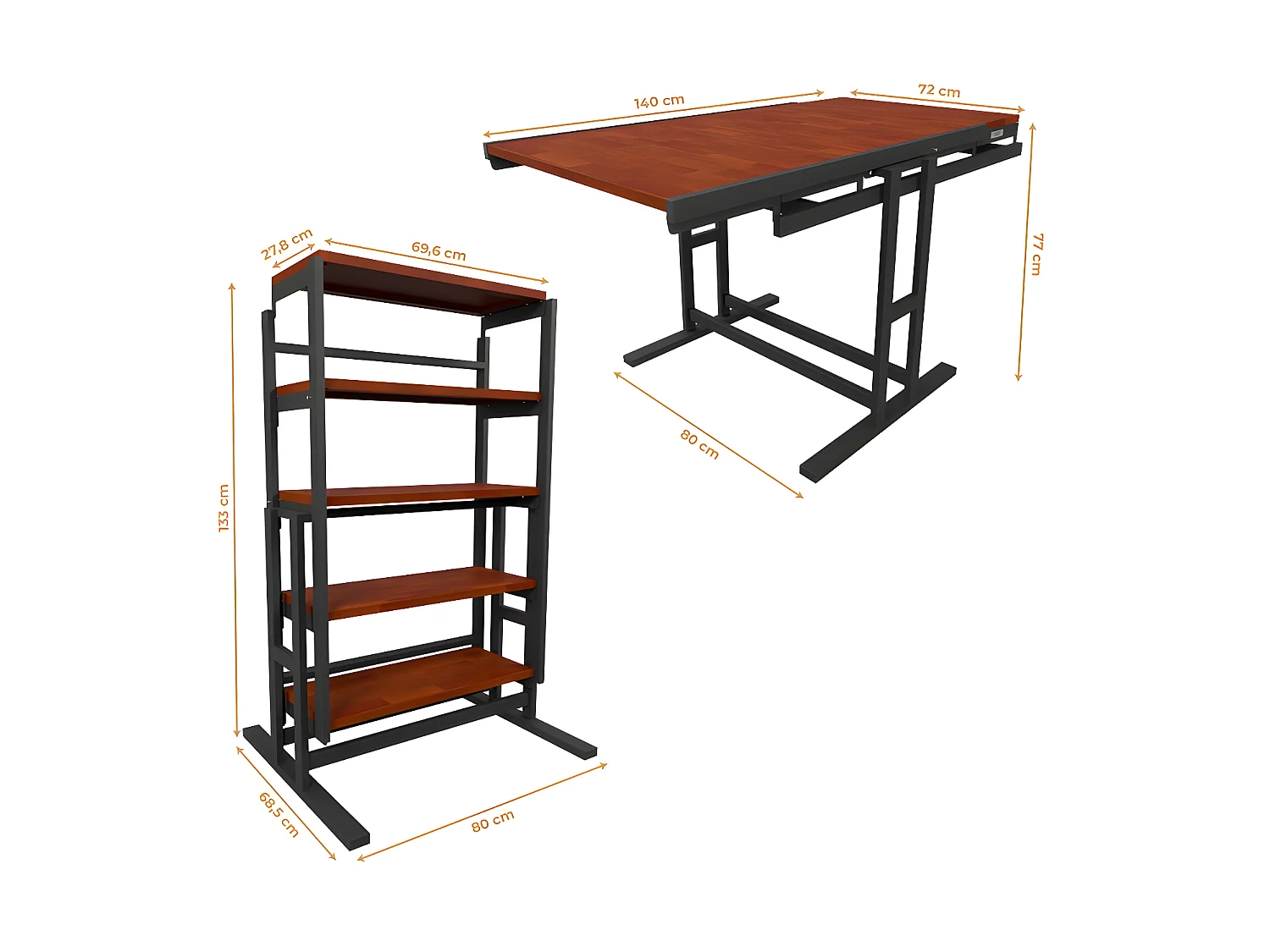 Etagère modulable en Bois (H133 x l80 x P68,5 cm) convertible en Table - style industriel - Couleur Chêne naturel