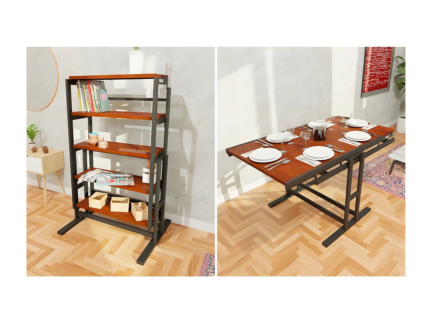 Etagère modulable en Bois (H133 x l80 x P68,5 cm) convertible en Table - style industriel - Couleur Chêne naturel