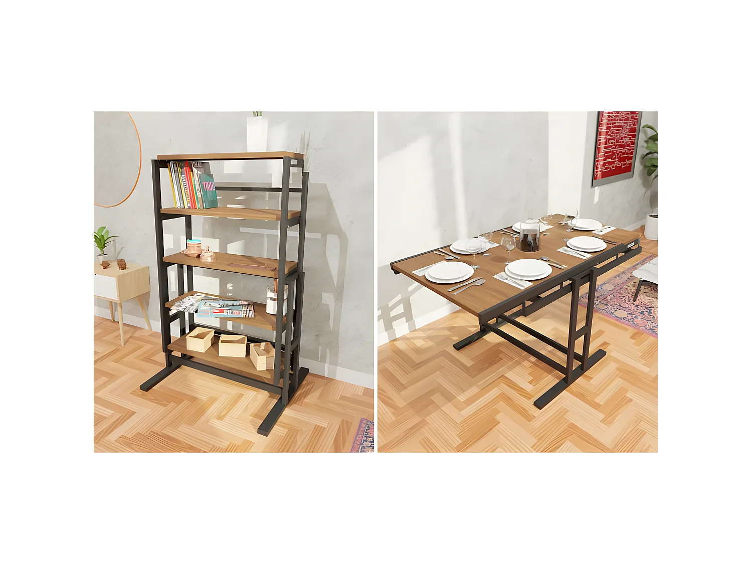 Etagère modulable (H125 x l78 x P62 cm) convertible en Table - style industriel