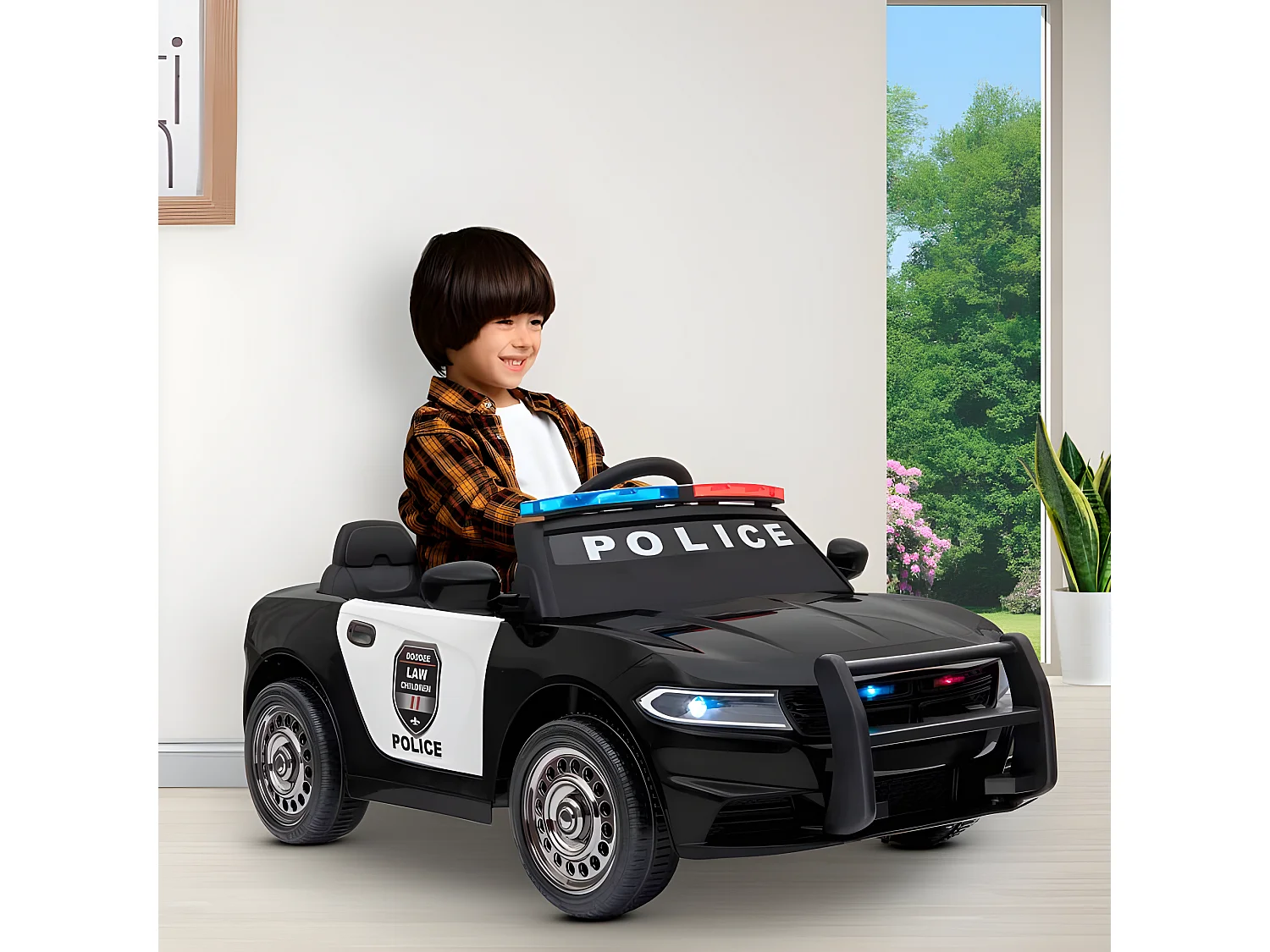 Voiture de police électrique 2x 30W - marche AV/AR, Gyrophares et Mégaphone