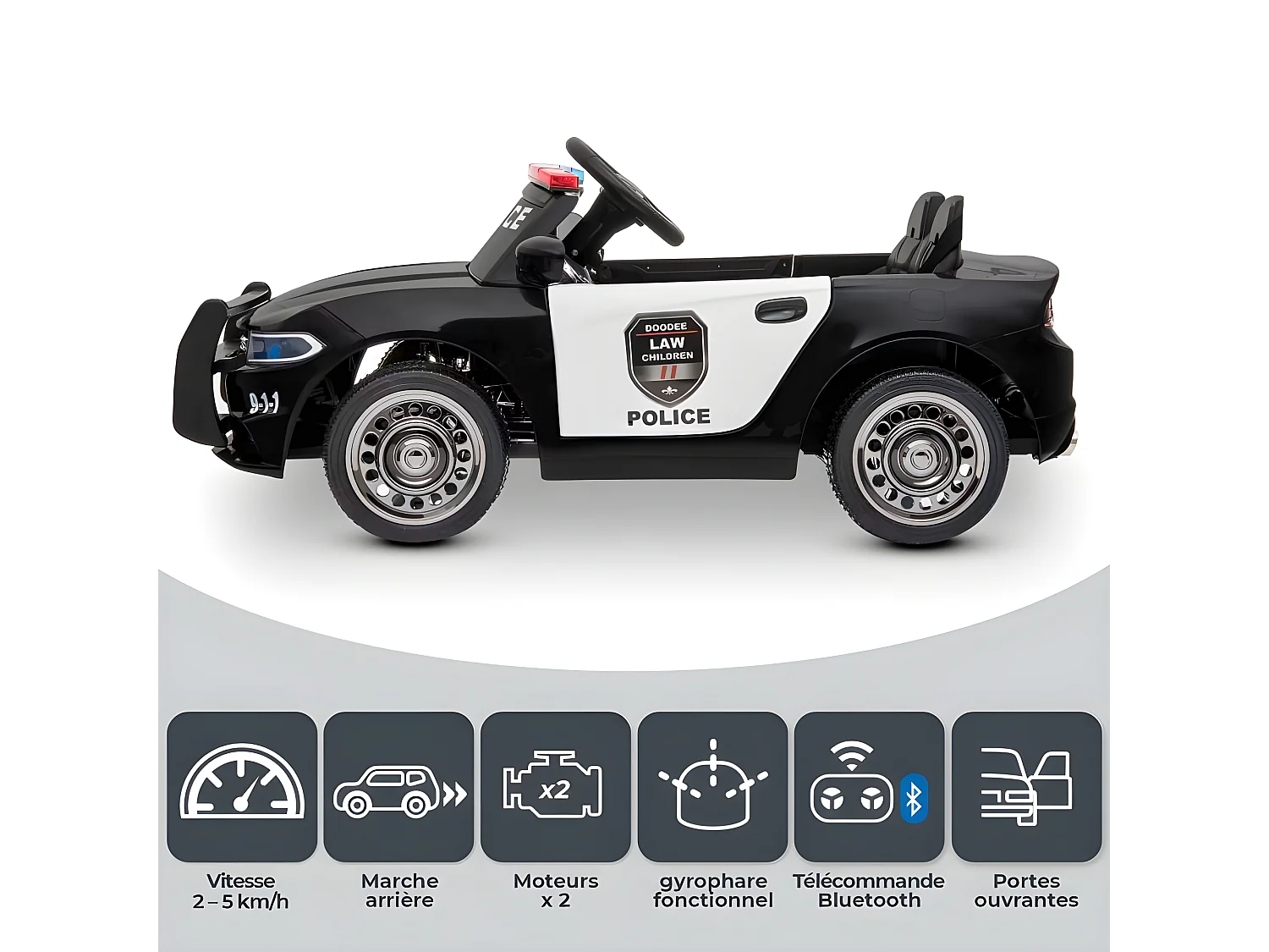 Voiture de police électrique 2x 30W - marche AV/AR, Gyrophares et Mégaphone