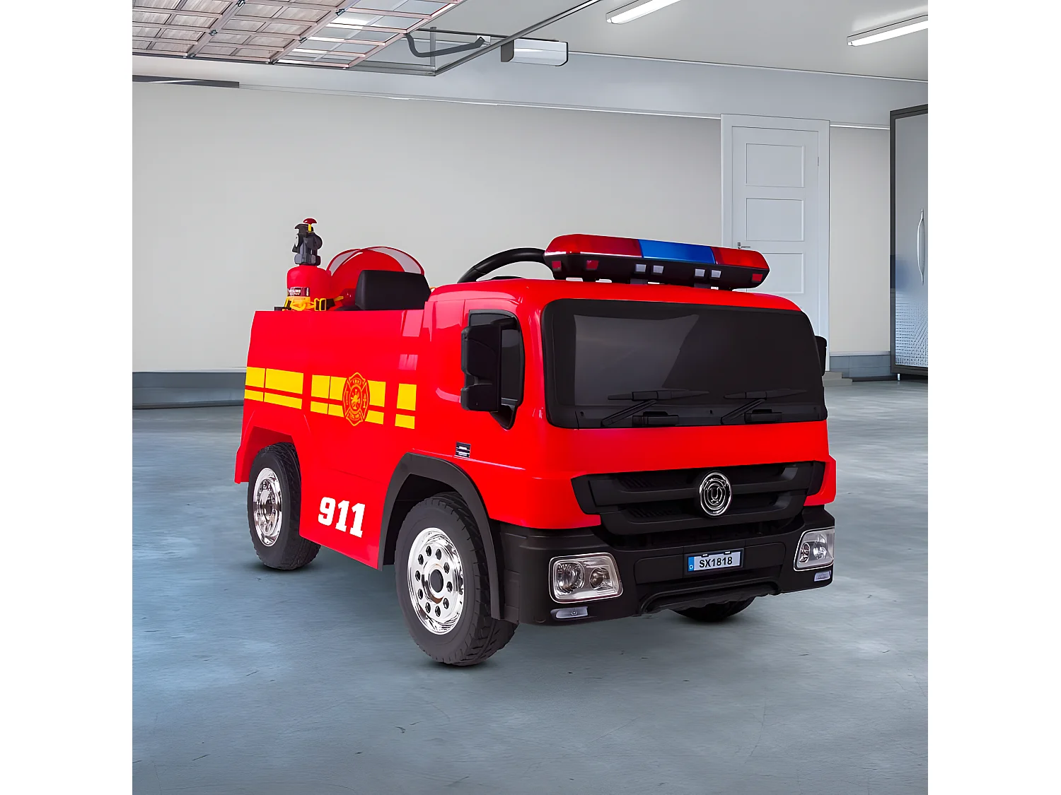 Camion de Pompier Electrique Rouge 35W avec Casque, Lance et Extincteur, Indicateur de Batterie et Télécommande Parentale