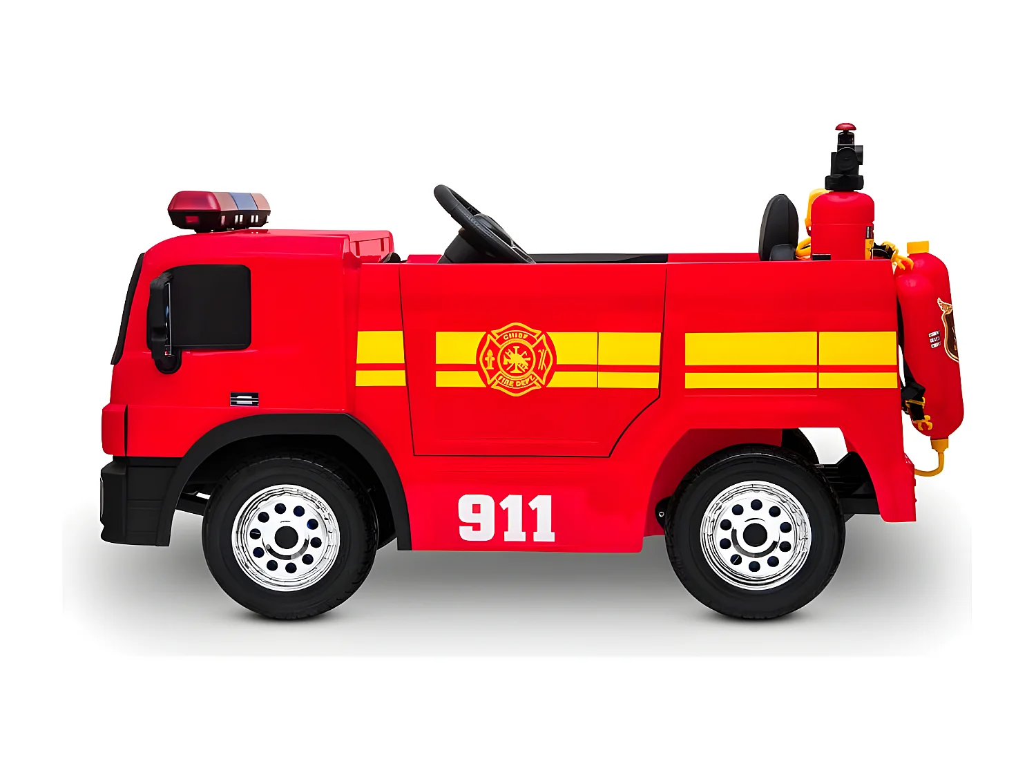 Camion de Pompier Electrique Rouge 35W avec Casque, Lance et Extincteur, Indicateur de Batterie et Télécommande Parentale