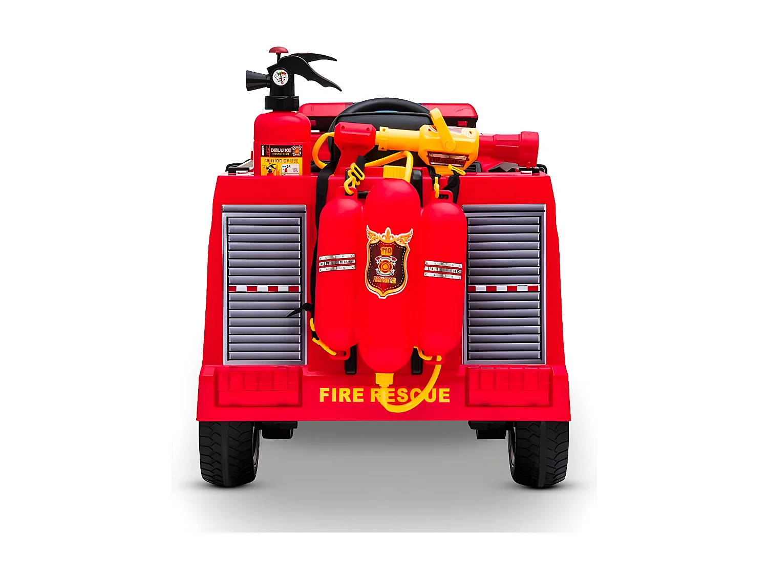 Camion de Pompier Electrique Rouge 35W avec Casque, Lance et Extincteur, Indicateur de Batterie et Télécommande Parentale