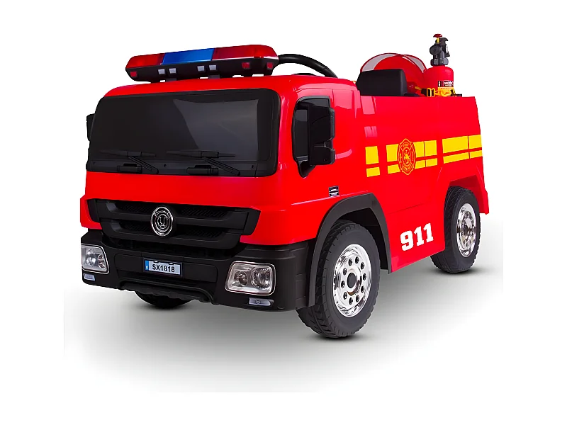 Camion de Pompier Electrique Rouge 35W avec Casque, Lance et Extincteur, Indicateur de Batterie et Télécommande Parentale