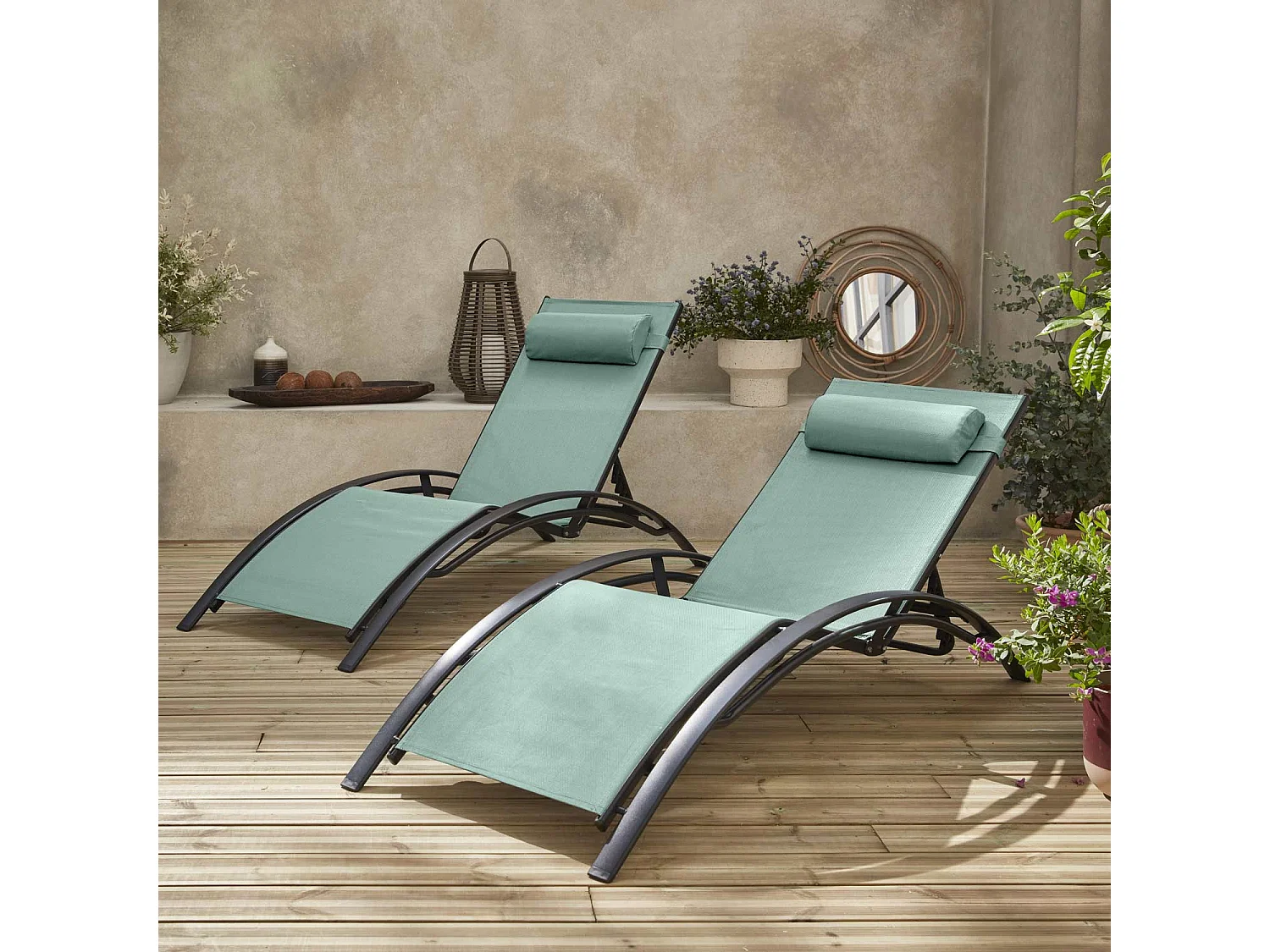Duo de bains de soleil aluminium - Louisa Vert de gris - Transats aluminium et textilène