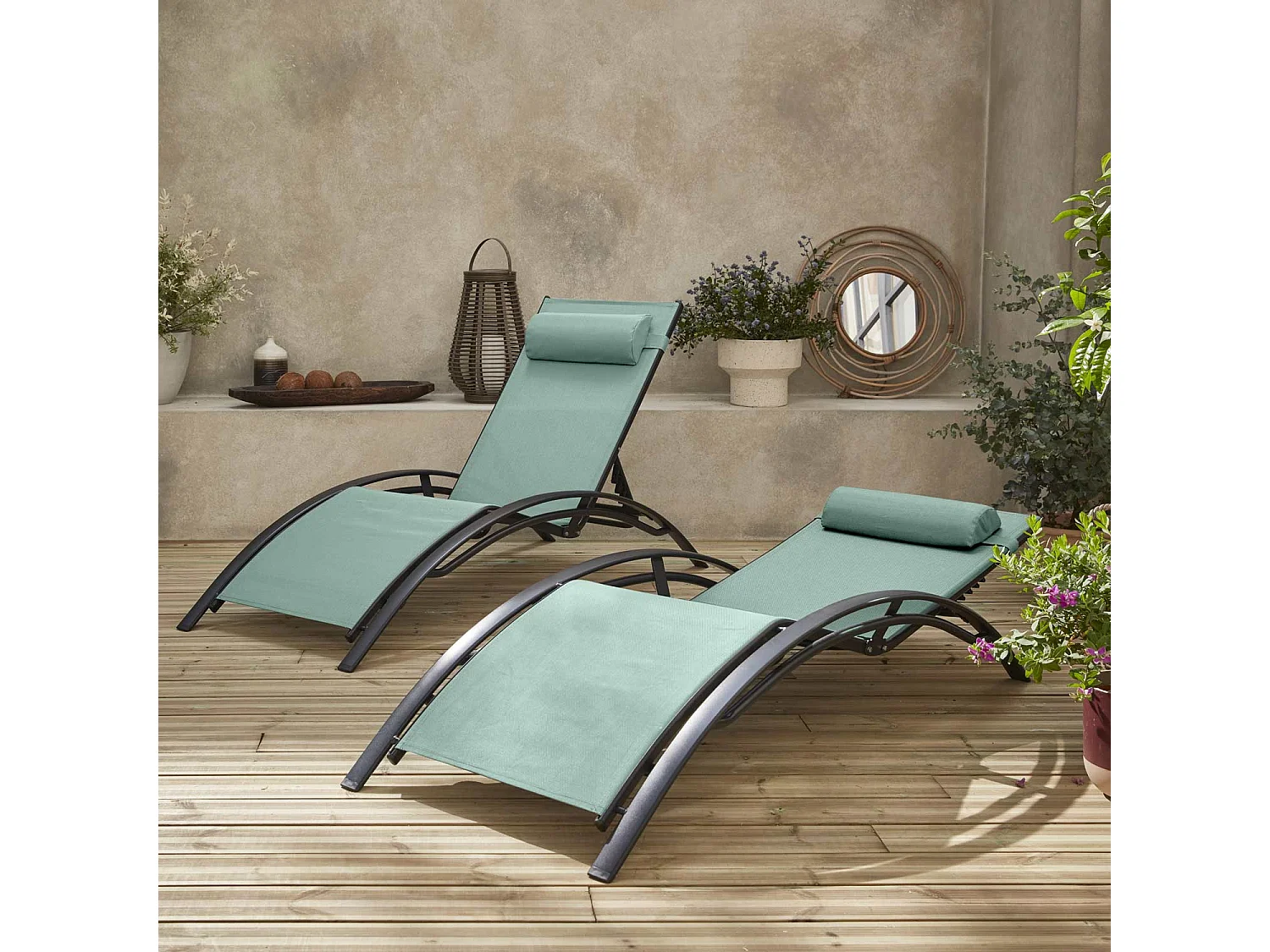 Duo de bains de soleil aluminium - Louisa Vert de gris - Transats aluminium et textilène