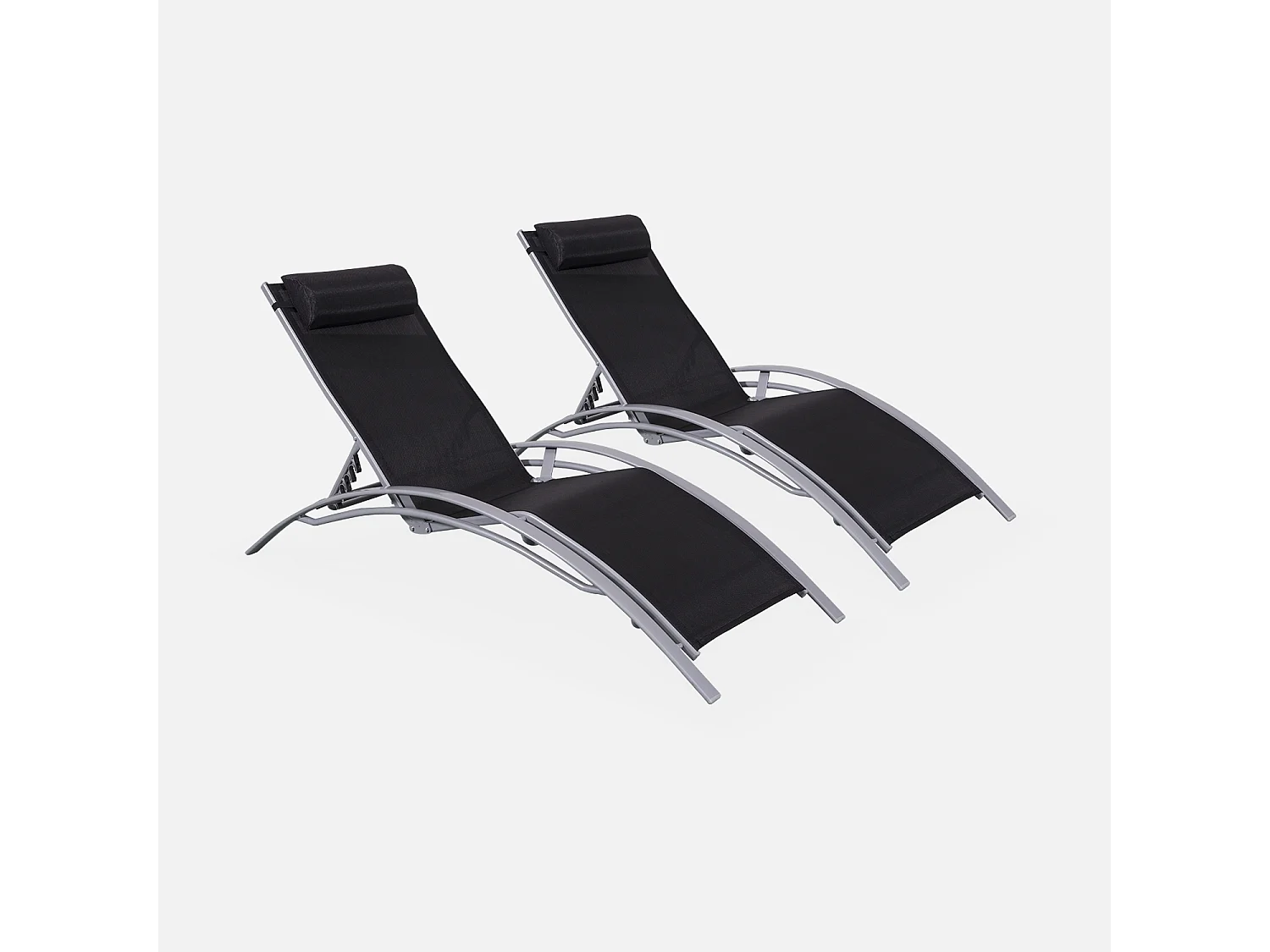 Duo de bains de soleil aluminium - Louisa Gris et noir - Transats aluminium et textilène