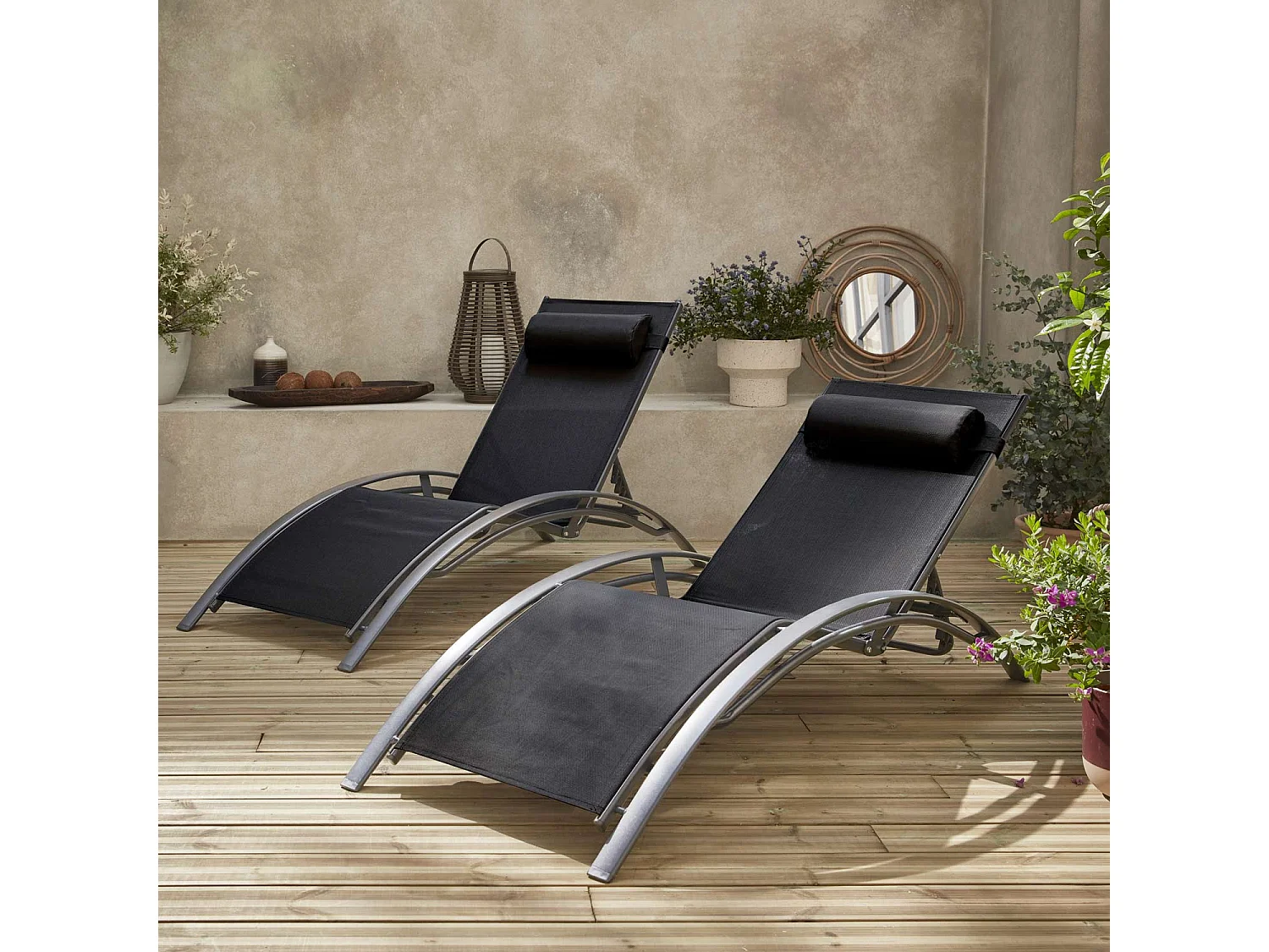 Duo de bains de soleil aluminium - Louisa Gris et noir - Transats aluminium et textilène