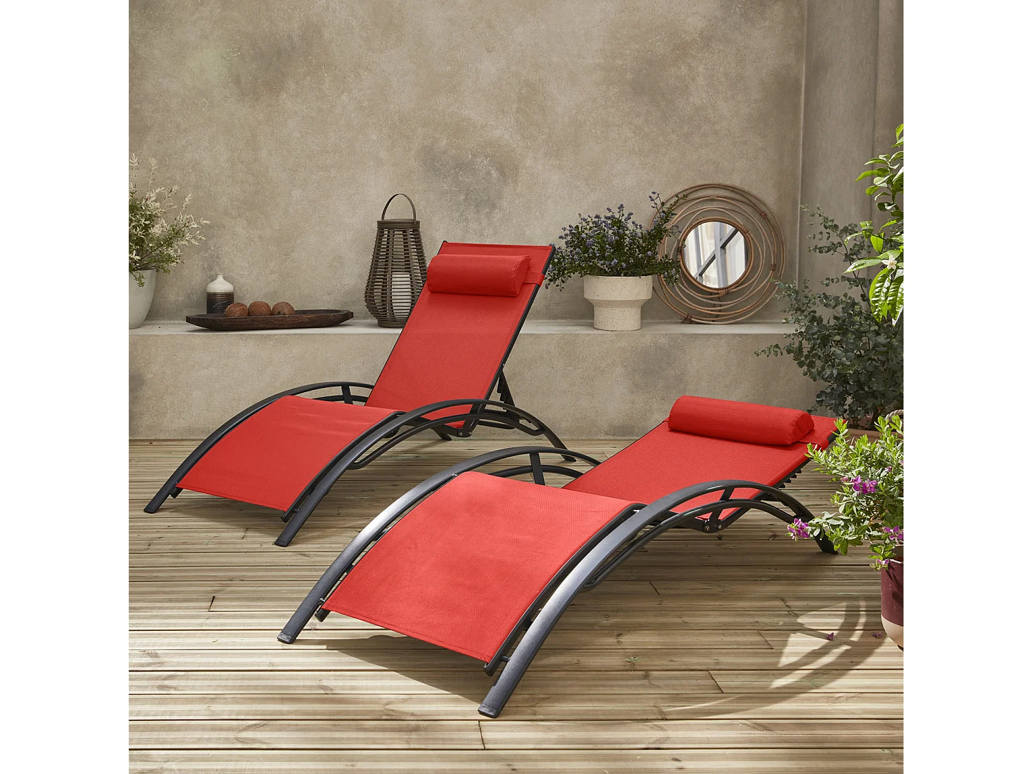 Duo de bains de soleil aluminium - Louisa Corail - Transats aluminium et textilène