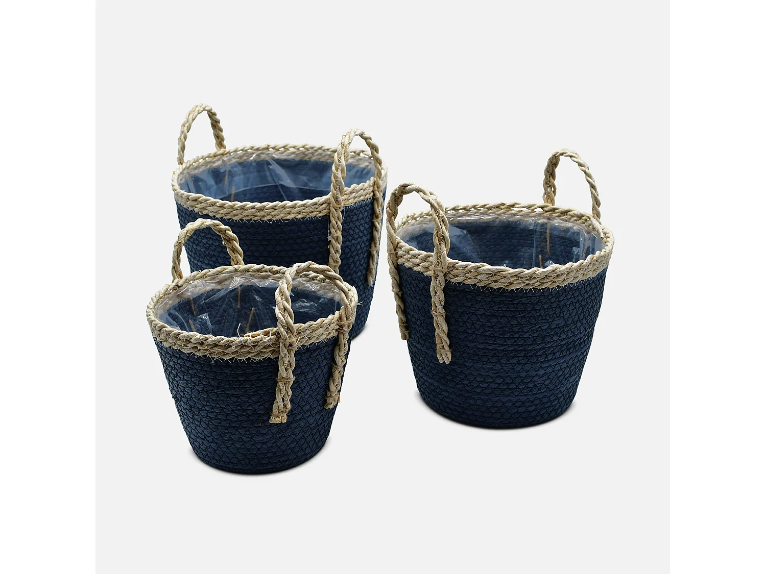 Set cestini coprivaso intrecciati , 3 misure, blu