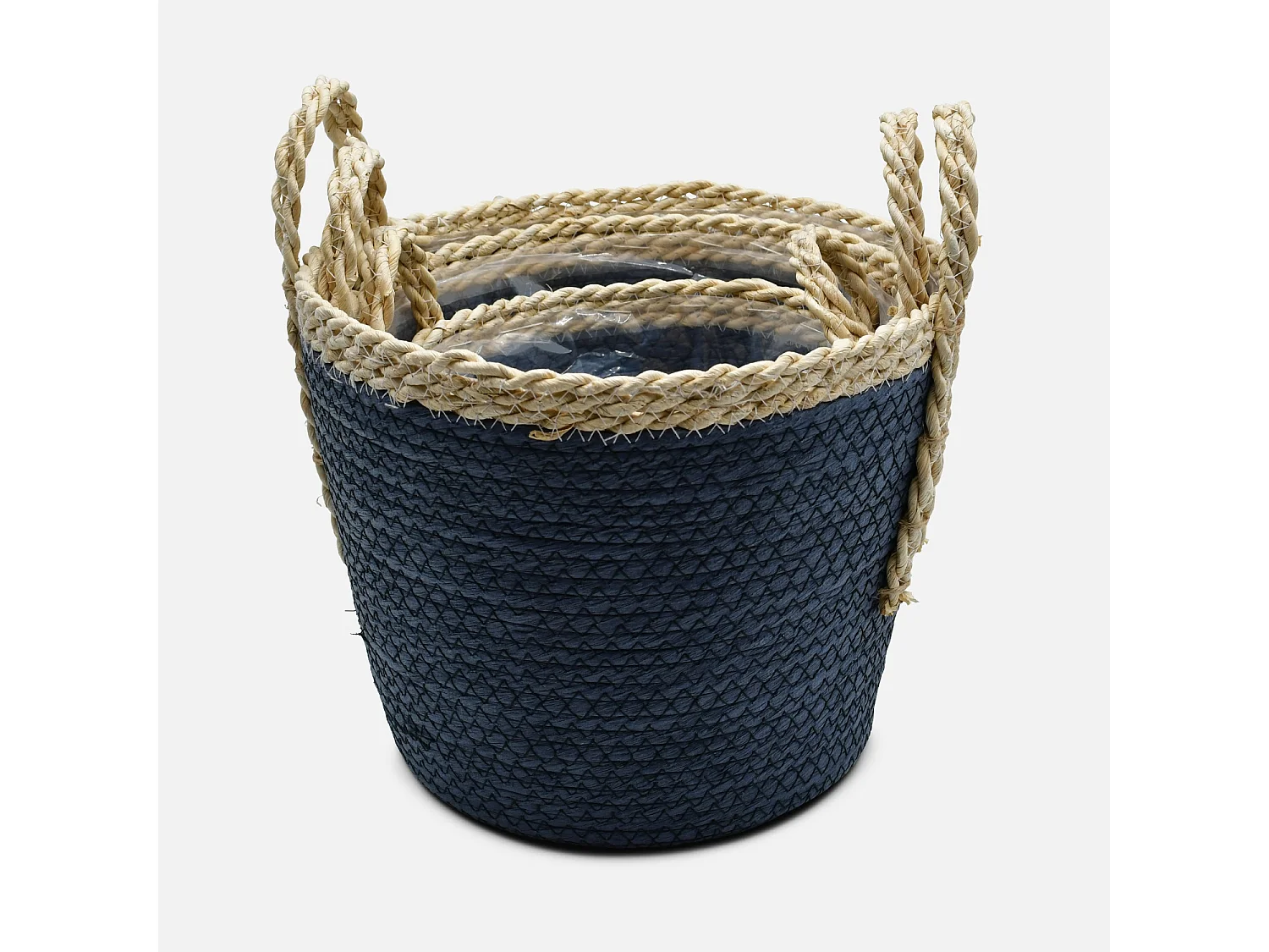 Set cestini coprivaso intrecciati , 3 misure, blu