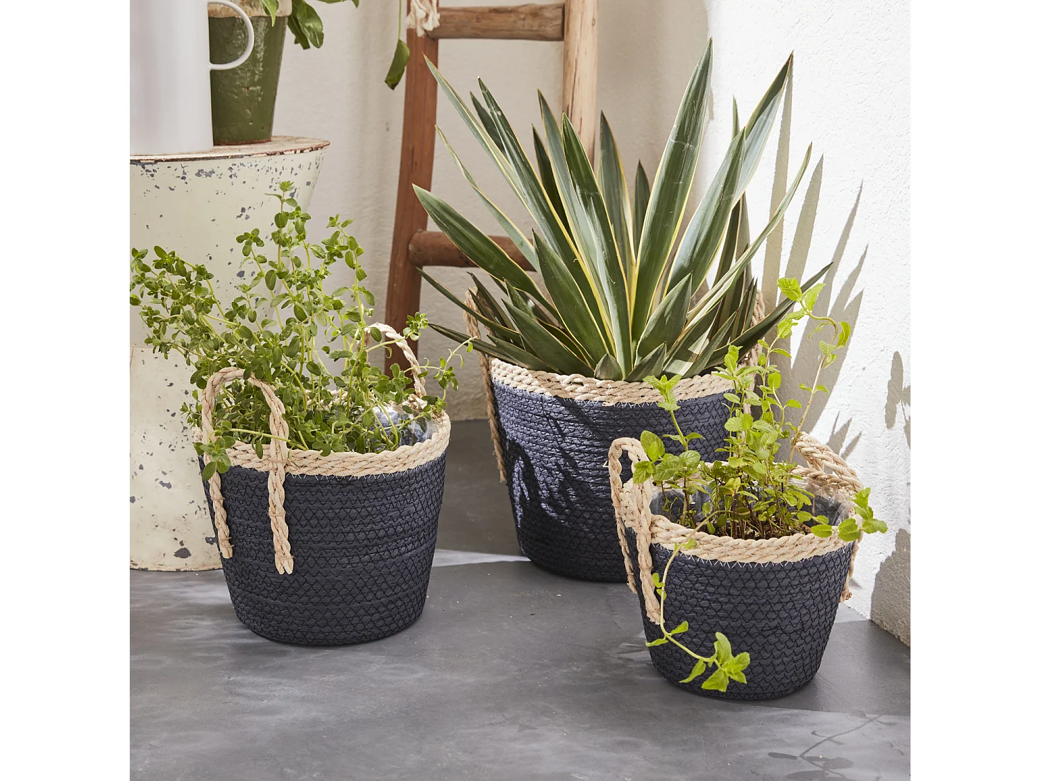 Set cestini coprivaso intrecciati , 3 misure, blu