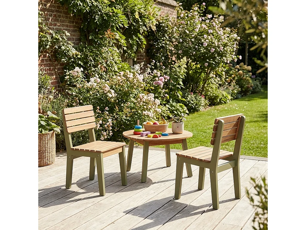 Lot de 2 chaises en bois d'acacia pour enfant. salon de jardin enfant vert de gris. intérieur / extérieur