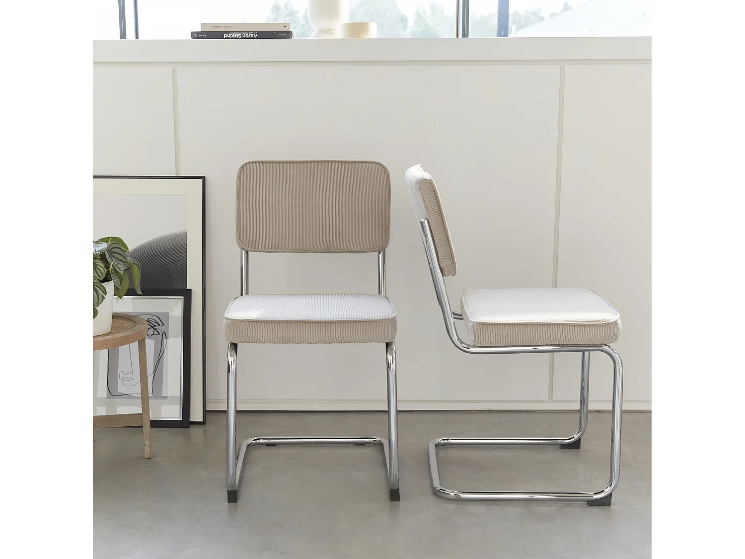 Set 2 sedie a sbalzo in velluto a coste, beige grigio