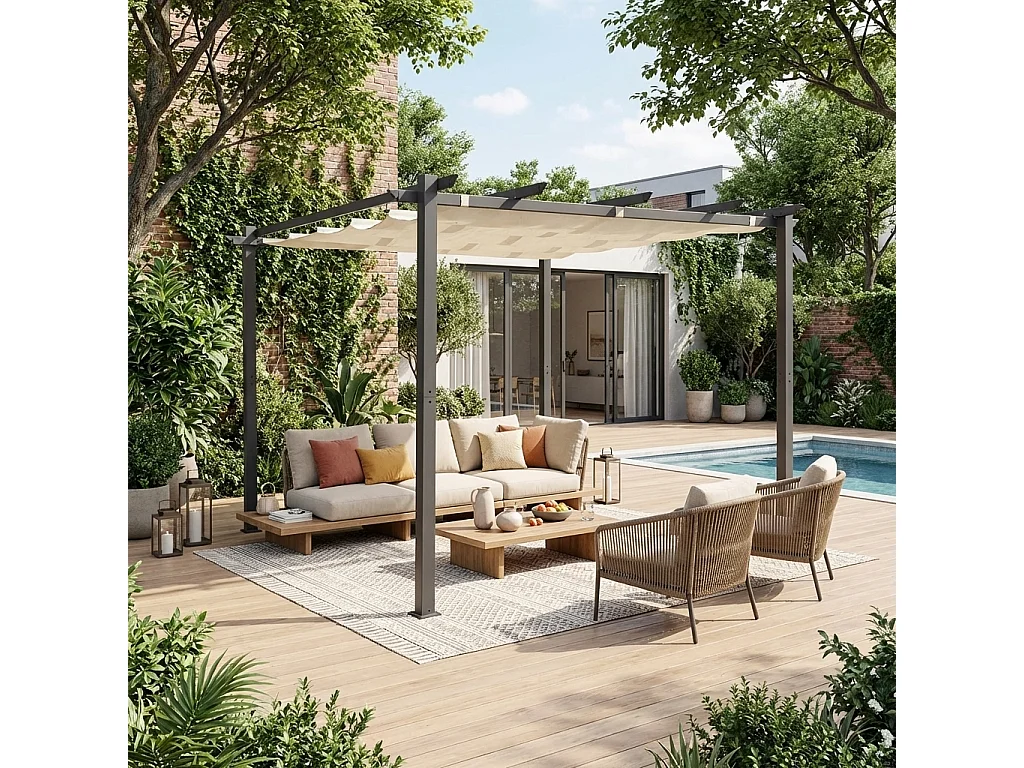 Pergola, aluminio, 3x3m, tela deslizante crudo