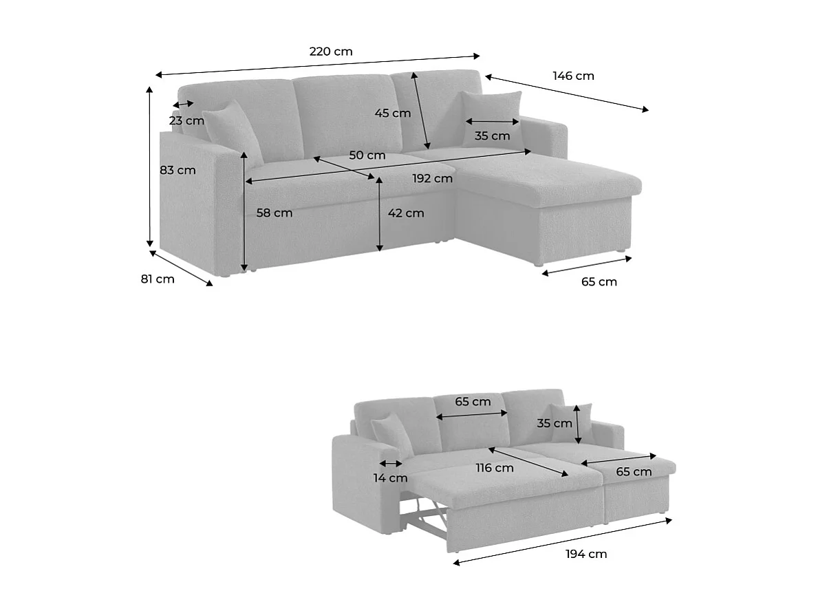 Divano letto angolare reversibile con contenitore, 3 posti, grigio