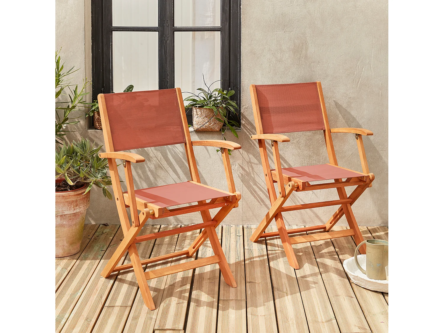Fauteuils de jardin en bois et textilène - Almeria Terra cotta - 2 fauteuils pliants en bois d'Eucalyptus huilé et textilène