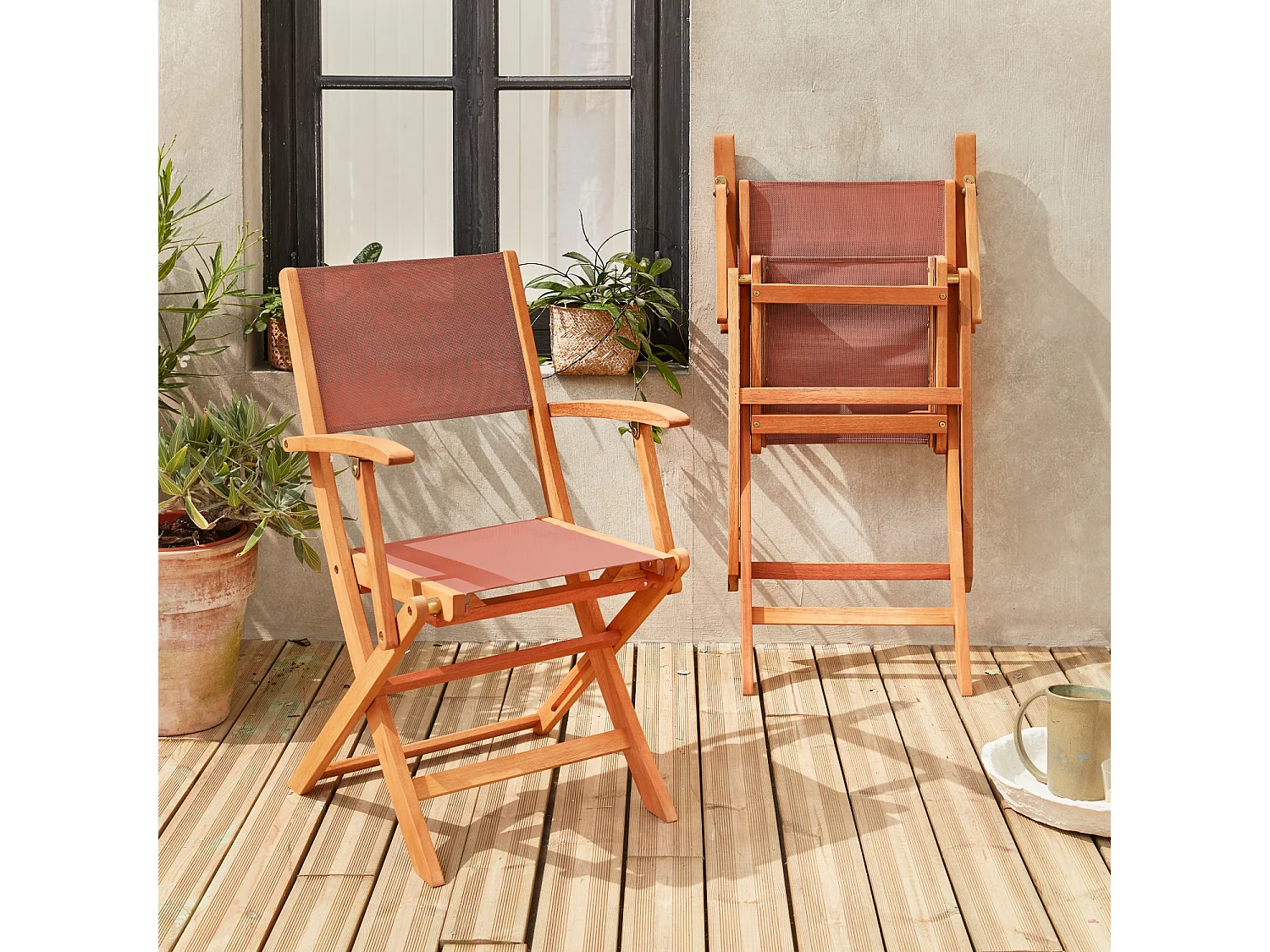 Set 2 sedie da giardino pieghevoli in legno di eucalipto, terracotta