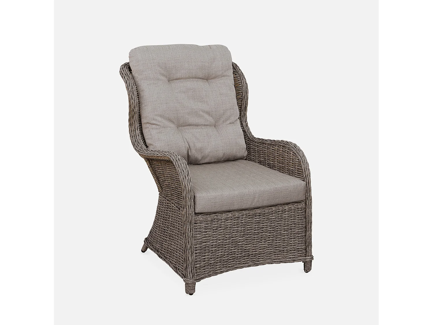 Lot de 2 fauteuils relax en résine tressée arrondie avec repose pieds et table basse - Barletta Gris - Aspect rotin. coussins beige. structure aluminium