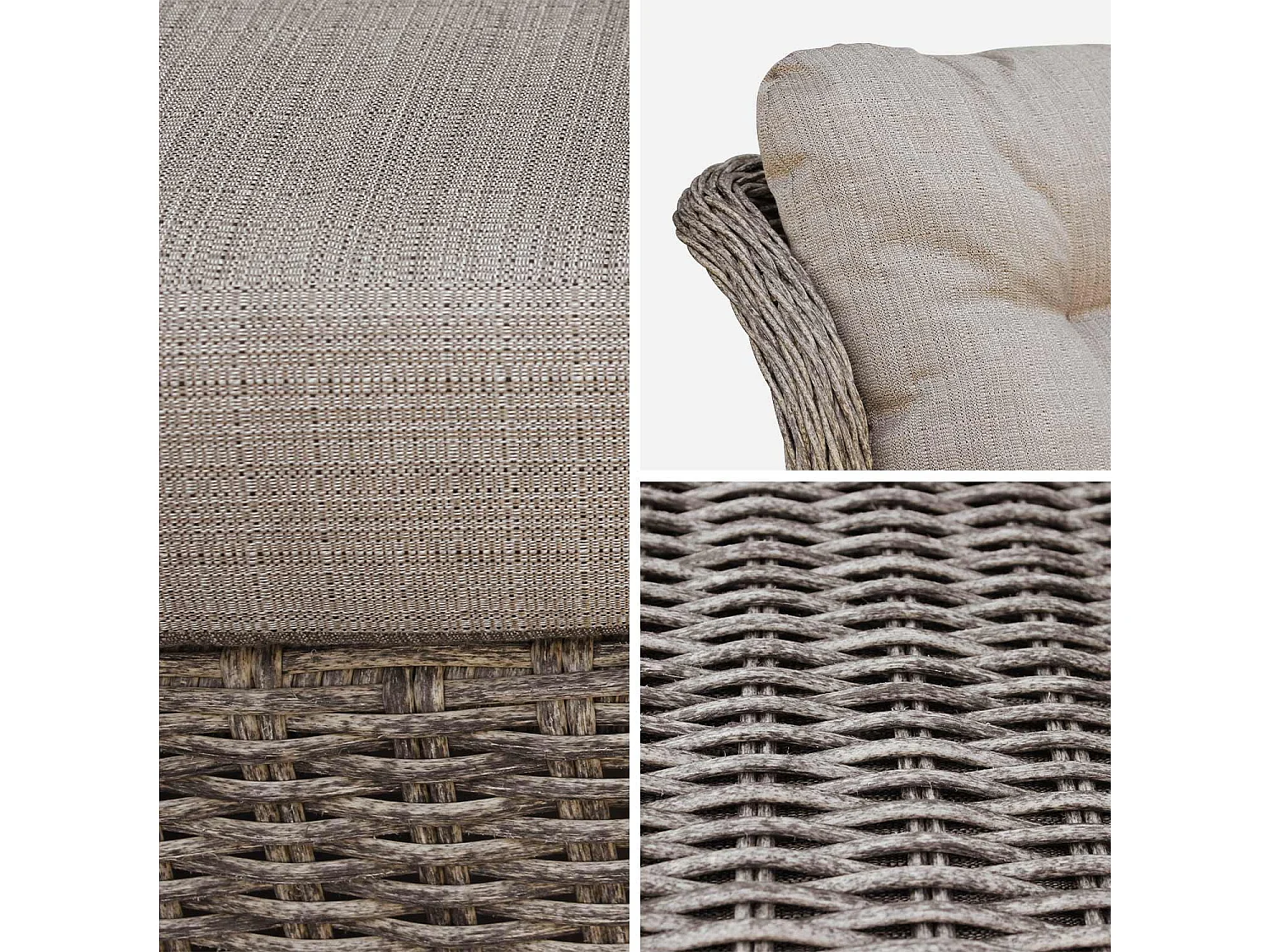 Lot de 2 fauteuils relax en résine tressée arrondie avec repose pieds et table basse - Barletta Gris - Aspect rotin. coussins beige. structure aluminium