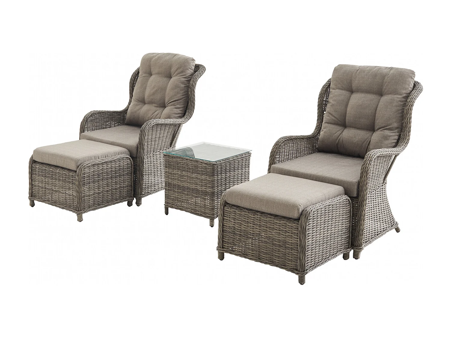 Lot de 2 fauteuils relax en résine tressée arrondie avec repose pieds et table basse - Barletta Gris - Aspect rotin. coussins beige. structure aluminium