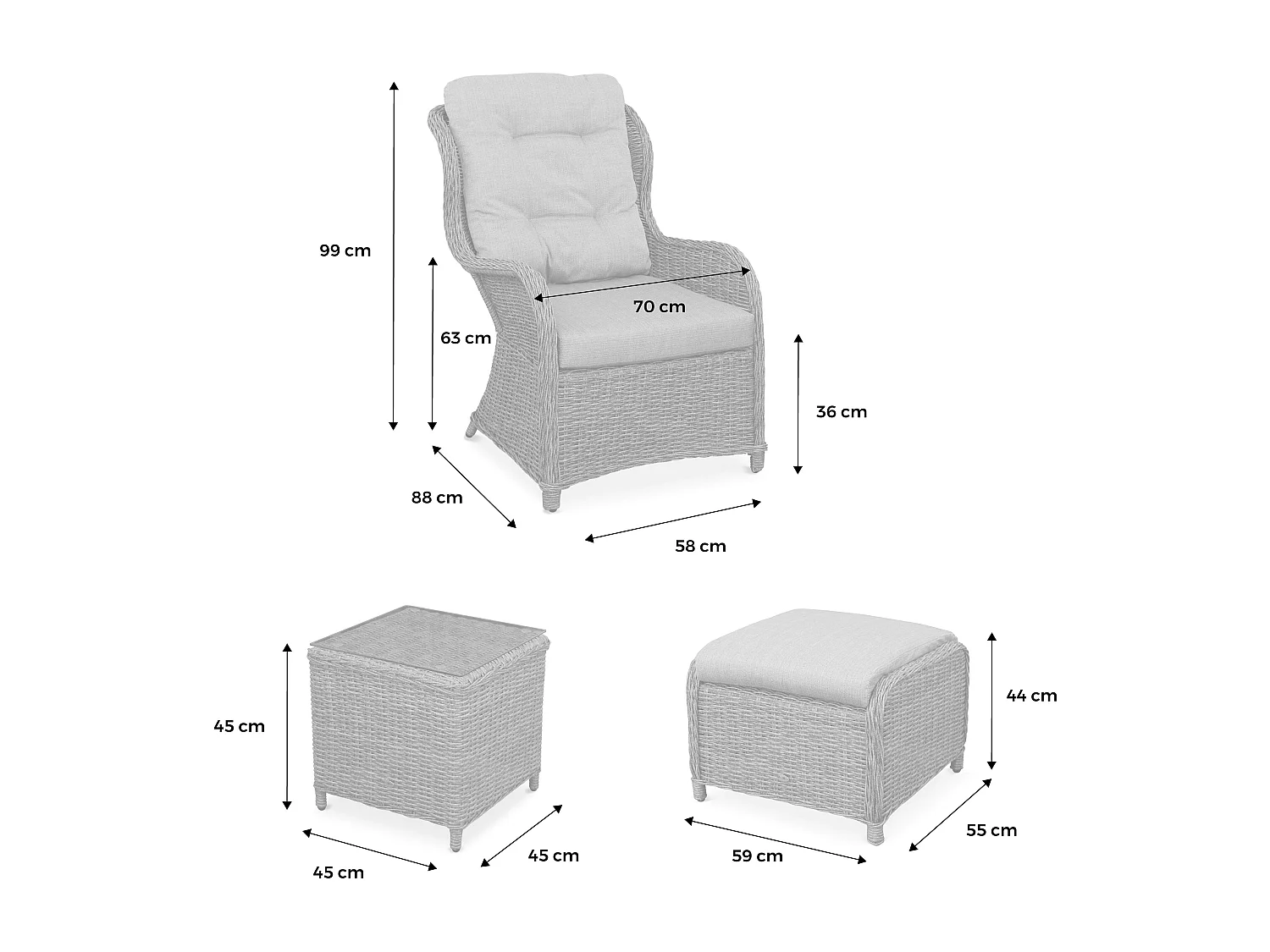 Lot de 2 fauteuils relax en résine tressée arrondie avec repose pieds et table basse - Barletta Gris - Aspect rotin. coussins beige. structure aluminium