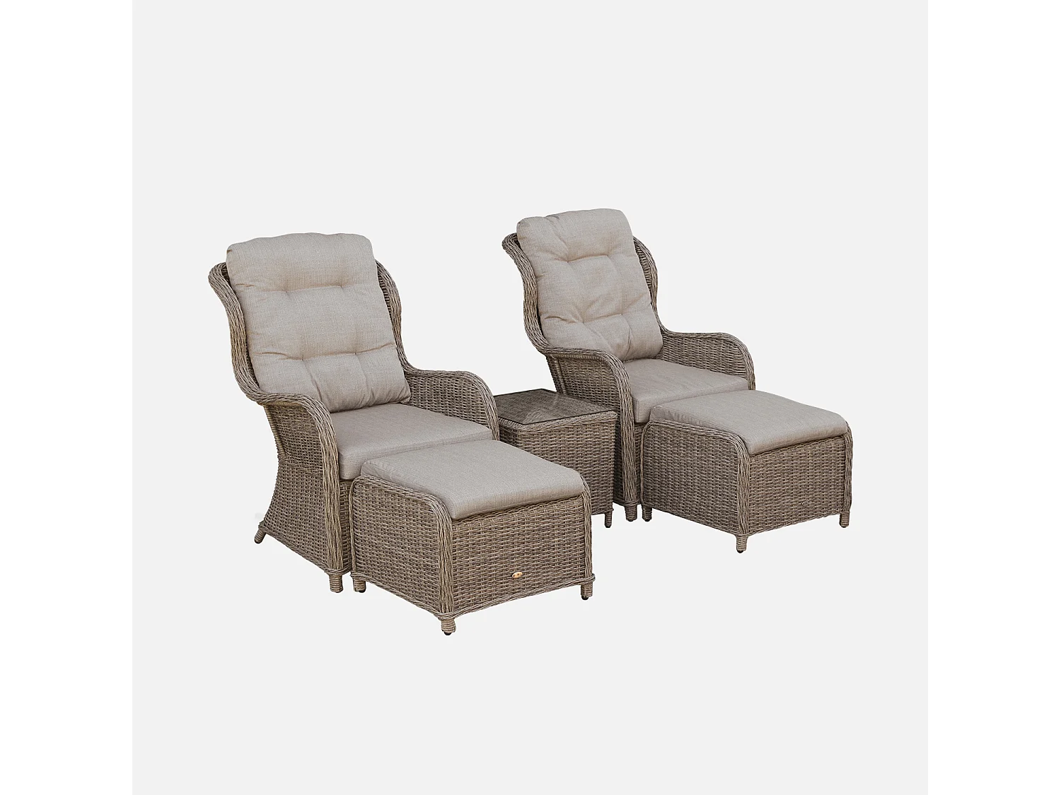 Lot de 2 fauteuils relax en résine tressée arrondie avec repose pieds et table basse - Barletta Gris - Aspect rotin. coussins beige. structure aluminium
