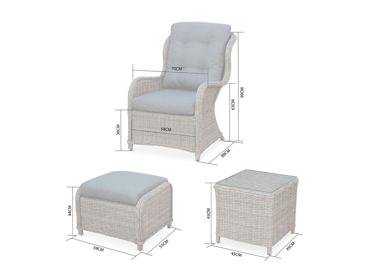 Sillón de jardín con reposapiés de resina trenzada, set de 2, Gris