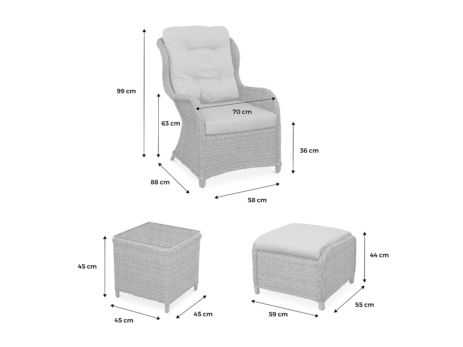 Sillón de jardín con reposapiés de resina trenzada, set de 2, Gris