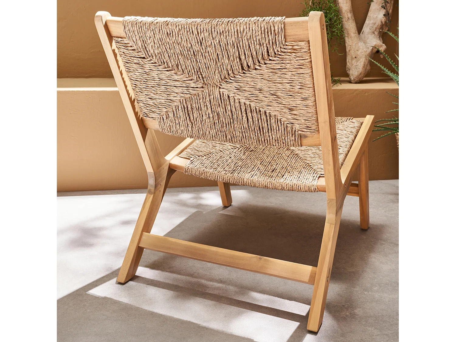 Set di 2 poltrone da giardino, legno, resina effetto paglia, marrone