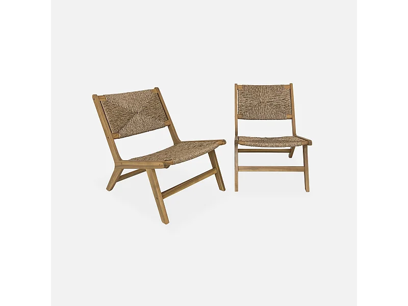 Lot de 2 fauteuils relax de jardin en bois et résine effet paille. intérieur / extérieur