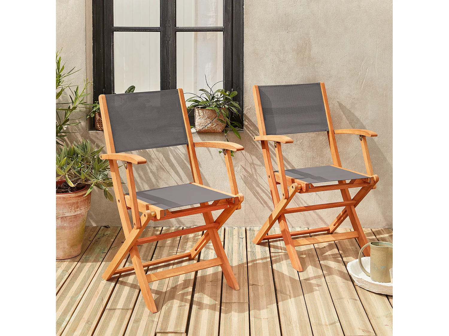 Fauteuils de jardin en bois et textilène - Almeria Gris anthracite - 2 fauteuils pliants en bois d'Eucalyptus huilé et textilène
