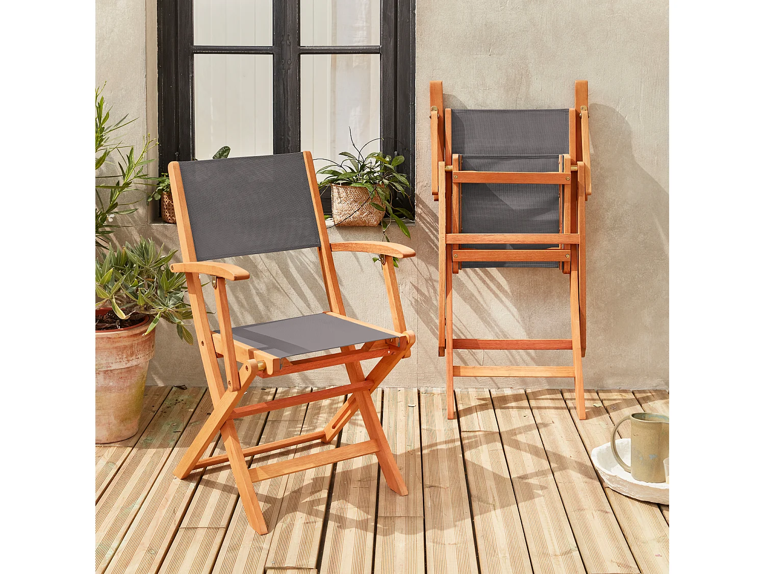 Fauteuils de jardin en bois et textilène - Almeria Gris anthracite - 2 fauteuils pliants en bois d'Eucalyptus huilé et textilène