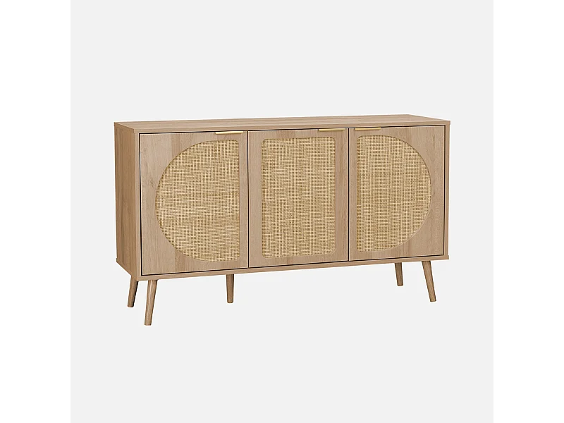 Buffet de rangement. Eva. cannage arrondis et décor bois. trois portes. deux niveaux . buffet bas. L 120 x l39 x H70cm