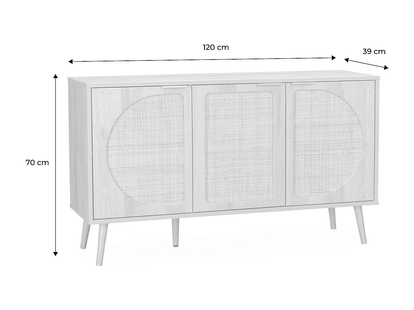 Credenza scandinava con decoro in legno e canna, 120cm, marrone