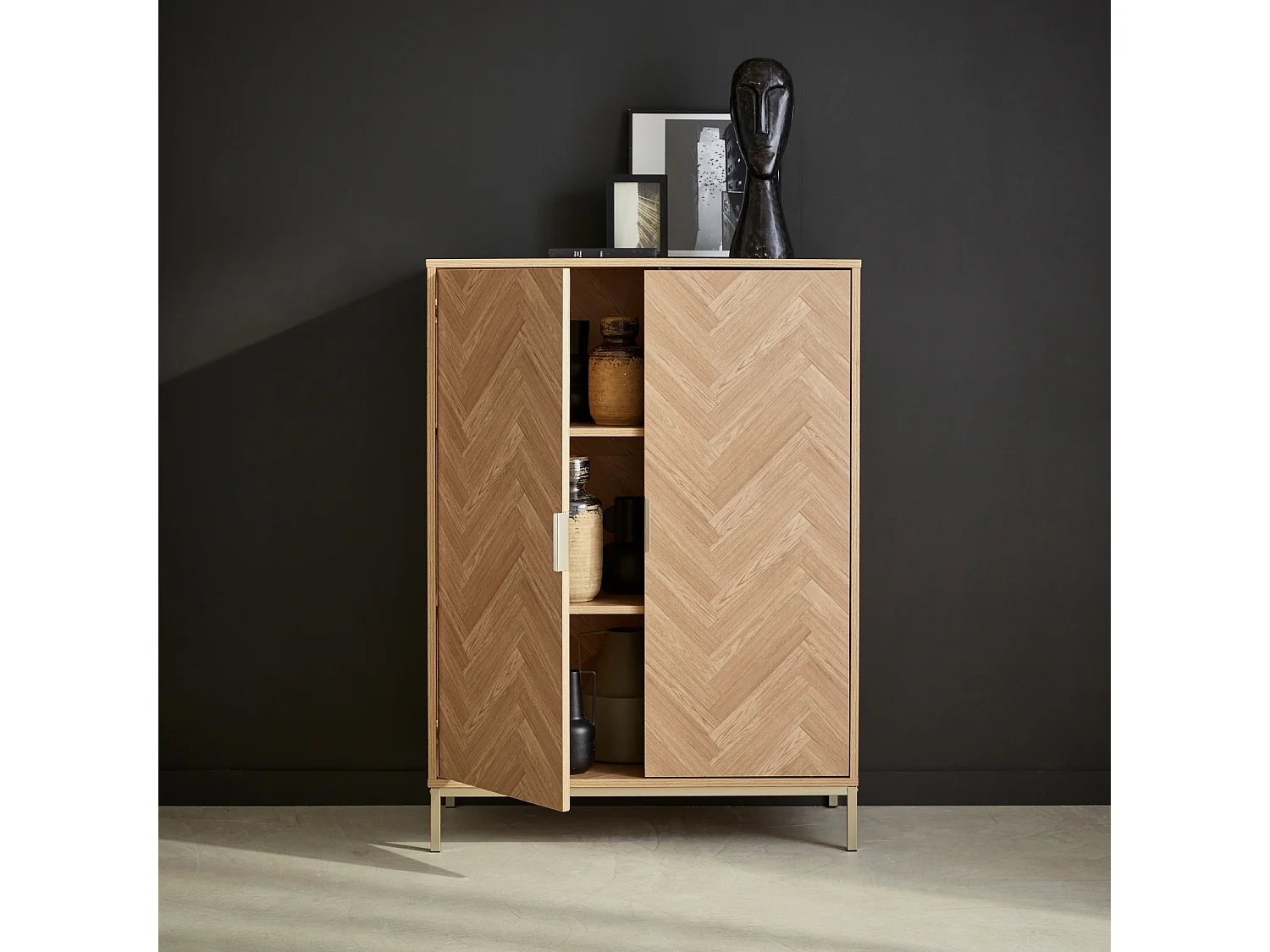 Cómoda con efecto madera y espiga de 2 puertas, 80cm natural