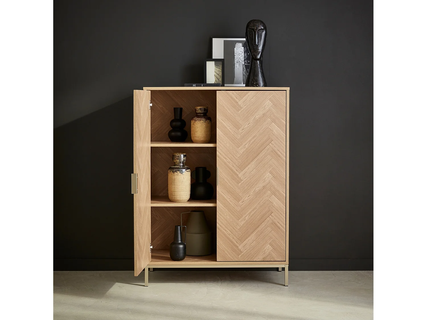 Cómoda con efecto madera y espiga de 2 puertas, 80cm natural