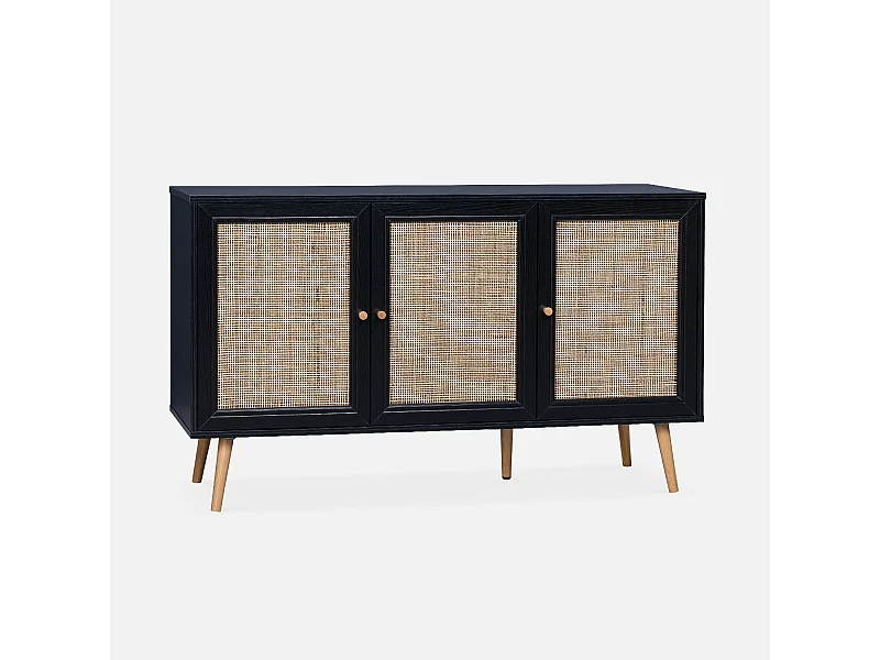 Credenza in cannage 3 ante, 120cm, nero