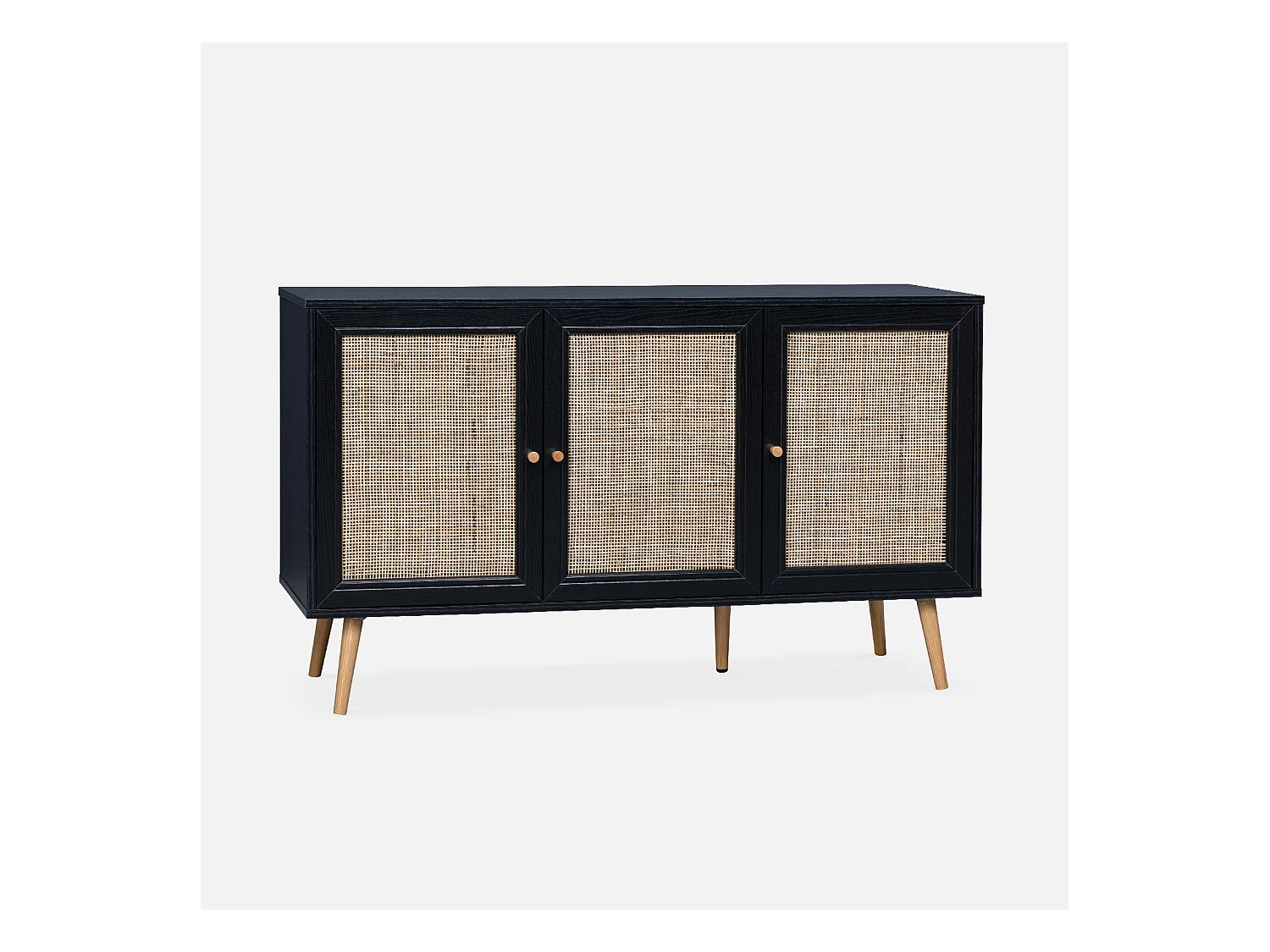 Buffet de rangement en cannage. noir 120x39x70cm  - Bohème - 2 niveaux. 3 portes. pieds scandinaves. buffet bas