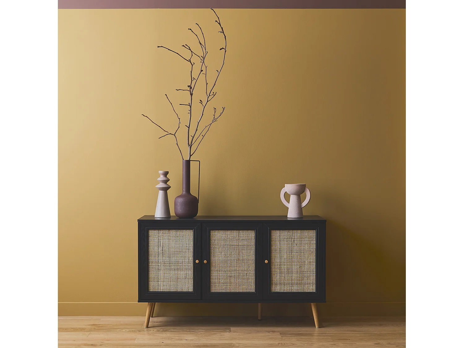 Credenza in cannage 3 ante, 120cm, nero