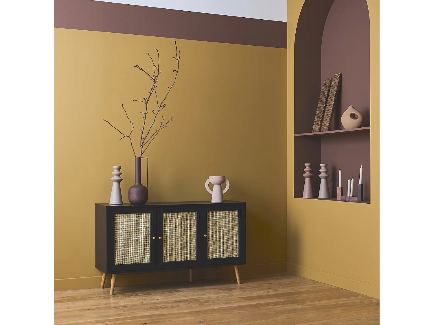 Credenza in cannage 3 ante, 120cm, nero