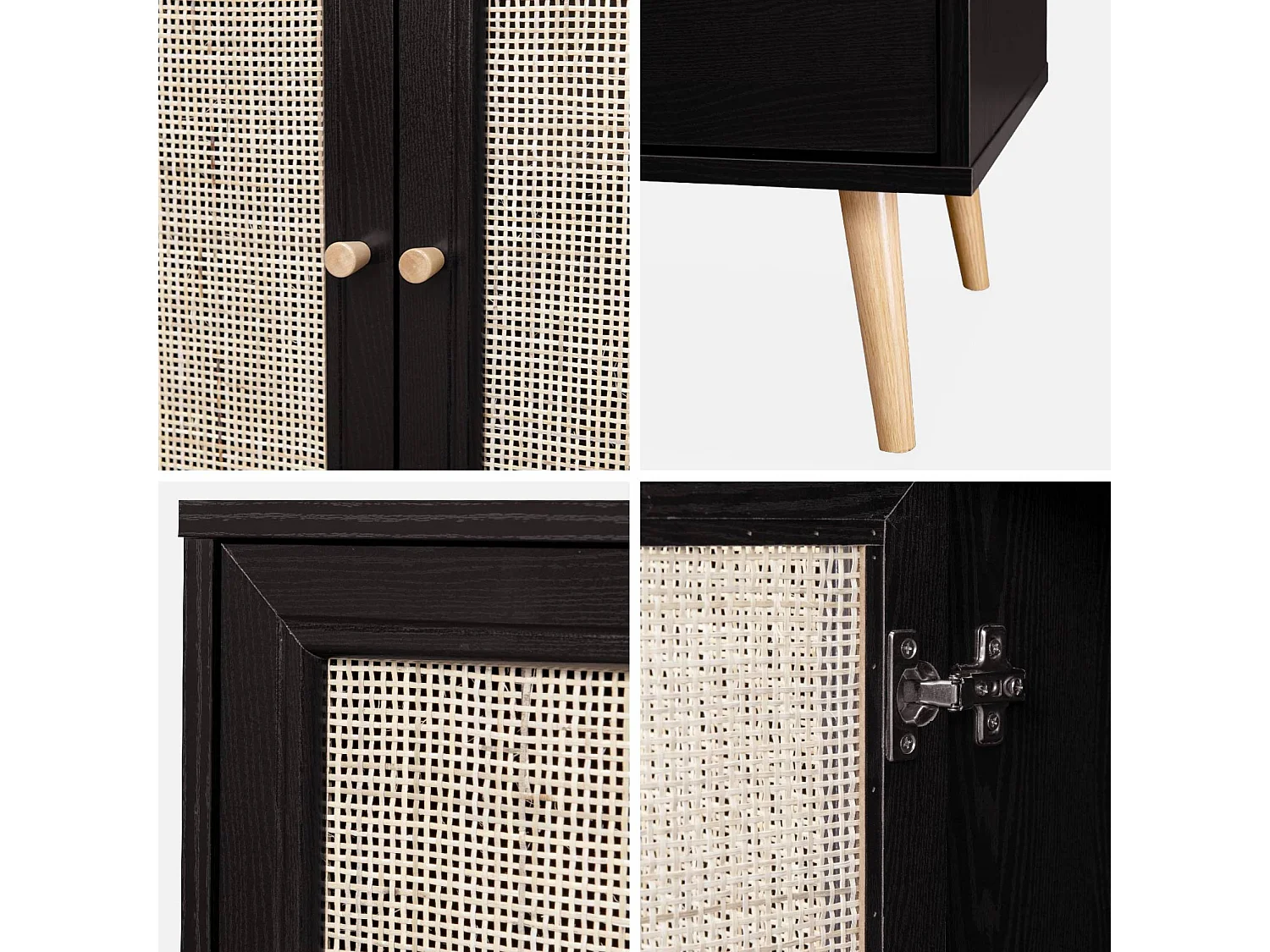 Buffet de rangement en cannage. noir 120x39x70cm  - Bohème - 2 niveaux. 3 portes. pieds scandinaves. buffet bas